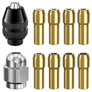 drill chuck collet set for dremel, 1/32" to 1/8" replacement 4486 drill keyless bit chuck shank rotary tool quick change adapter with replacement 4485 brass quick change rotary drill nut tool set