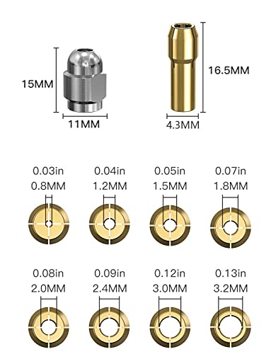 Drill Chuck Collet Set for Dremel, 1/32" to 1/8" Replacement 4486 Drill Keyless Bit Chuck Shank Rotary Tool Quick Change Adapter with Replacement 4485 Brass Quick Change Rotary Drill Nut Tool Set