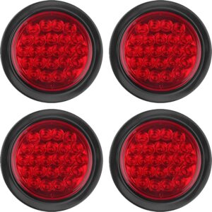 4pcs 4 inch round led trailer tail lights red 24 led waterproof, 4 inch round led stop turn brake tail lights flush mount for trucks rv include lights grommets 3-prong wire pigtails 12v sealed