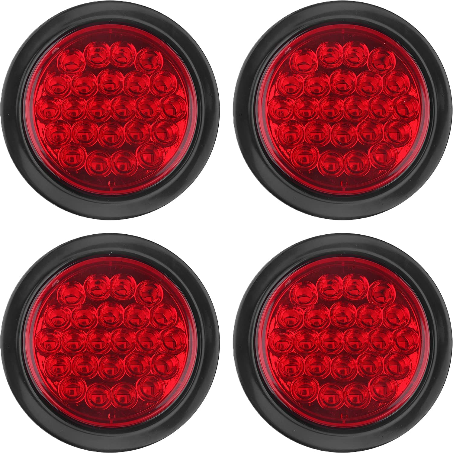 4Pcs 4 Inch Round LED Trailer Tail Lights Red 24 LED Waterproof, 4 Inch Round Led Stop Turn Brake Tail Lights Flush Mount for Trucks RV Include Lights Grommets 3-Prong Wire Pigtails 12V Sealed