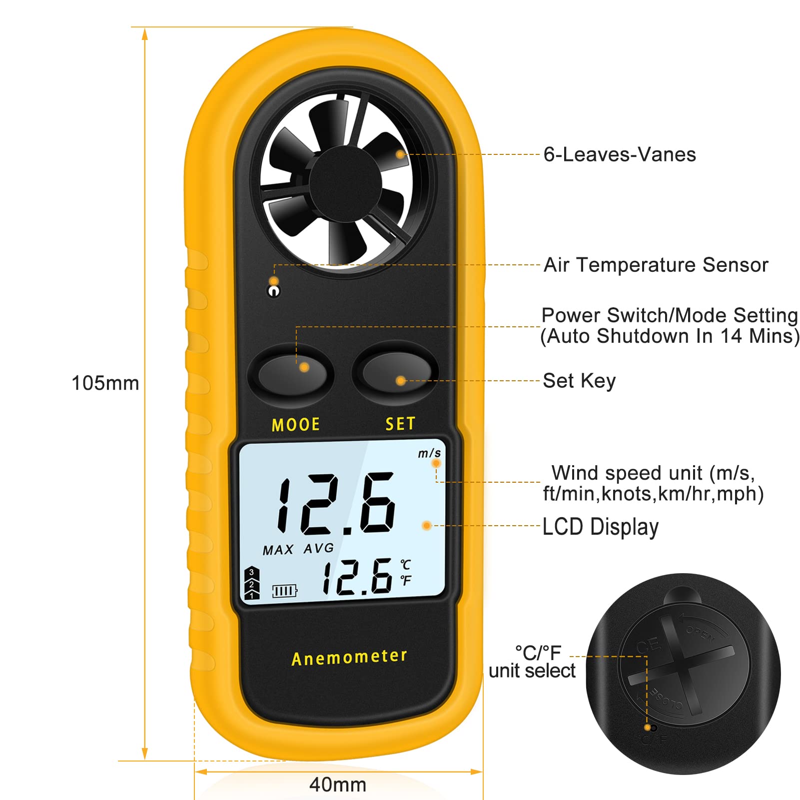 NICE-POWER Handheld Anemometer, Digital Wind Speed Meter Air Flow Meter for Measuring Wind Speed Temperature and Wind Chill, Portable Wind Gauge for HAVC Drone Sailing Fishing(LCD Backlight)