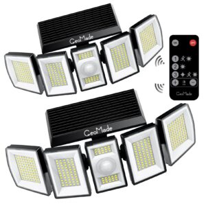 geomade bright solar flood lights outdoor waterproof dusk to dawn, powered security spot lighting, motion sensor lamp for yard outside house patio backyard porch power 300 led (5head*2pack)