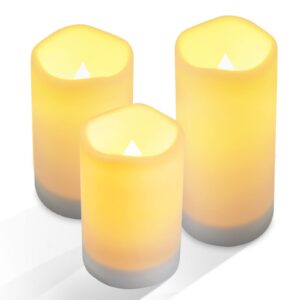 nurada large outdoor solar powered candles - flameless pillar waterproof rechargeable candle set, white resin, led light,rechargeable solar battery included, for patio decor, 3.25"x4"5" 6"