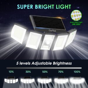 GeoMade Bright Solar Flood Lights Outdoor Waterproof Dusk to Dawn, Powered Security Spot Lighting, Motion Sensor Lamp for Yard Outside House Patio Backyard Porch Power 300 LED (5Head*1Pack)