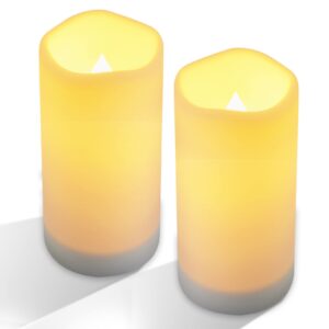 nurada large outdoor solar powered candles - flameless pillar waterproof rechargeable candle set, white resin, led light, rechargeable solar battery included, waterproof for patio decor 3.25" x 6"
