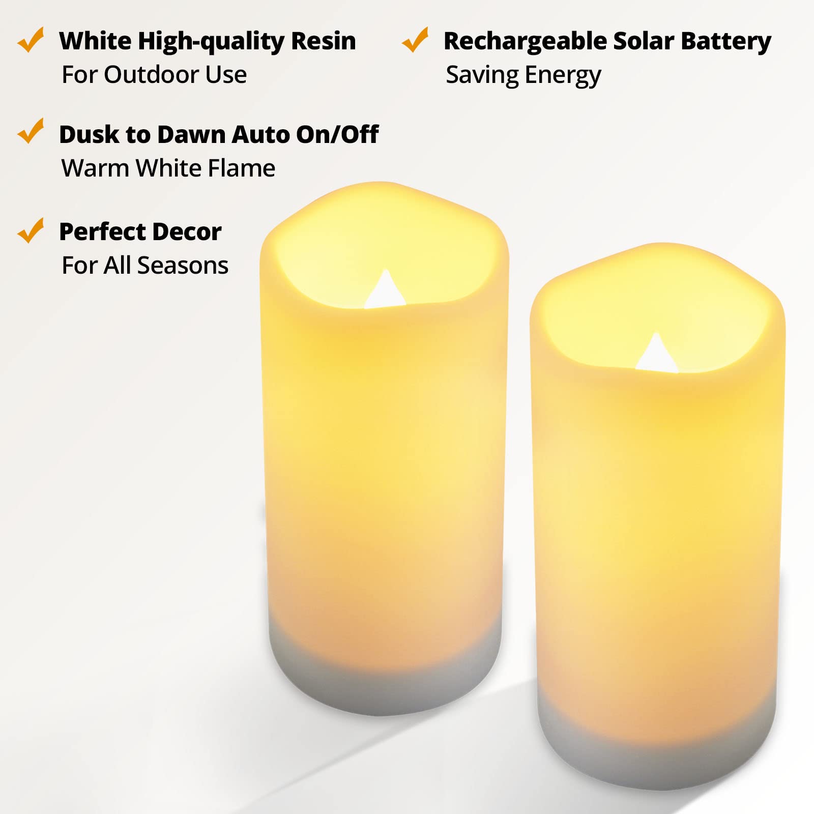 NURADA Large Outdoor Solar Powered Candles - Flameless Pillar Waterproof Rechargeable Candle Set, White Resin, LED Light, Rechargeable Solar Battery Included, Waterproof for Patio Decor 3.25" x 6"