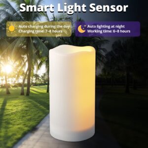 NURADA Large Outdoor Solar Powered Candles - Flameless Pillar Waterproof Rechargeable Candle Set, White Resin, LED Light, Rechargeable Solar Battery Included, Waterproof for Patio Decor 3.25" x 6"