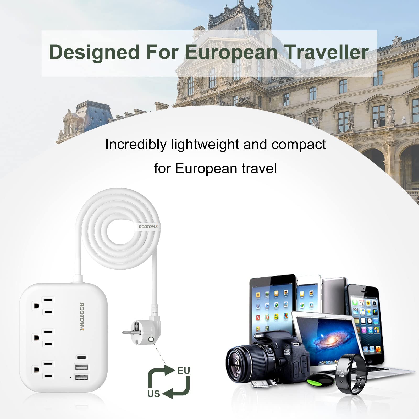 European Travel Plug Adapter with USB C, ROOTOMA Outlet Converter US to Europe 3 Outlets 3 USB Ports, International Power Strip for EU Spain France Germany Iceland Greece, 3ft, White