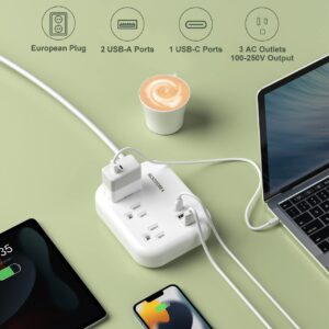 European Travel Plug Adapter with USB C, ROOTOMA Outlet Converter US to Europe 3 Outlets 3 USB Ports, International Power Strip for EU Spain France Germany Iceland Greece, 3ft, White