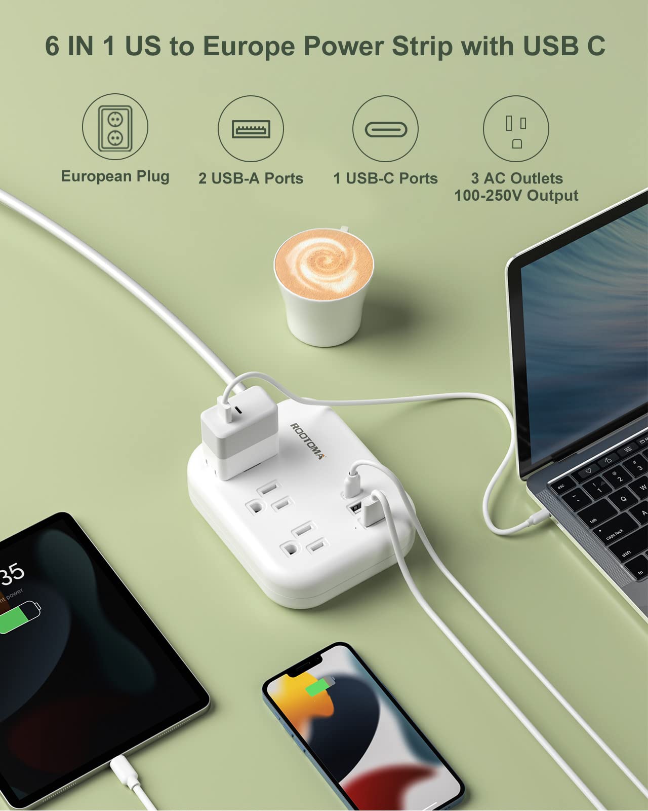 European Travel Plug Adapter with USB C, ROOTOMA Outlet Converter US to Europe 3 Outlets 3 USB Ports, International Power Strip for EU Spain France Germany Iceland Greece, 3ft, White