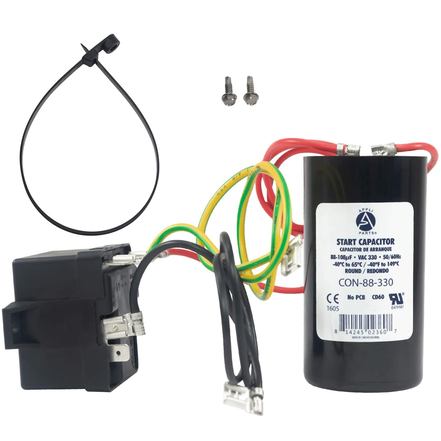 Appli Parts Hard Start kit for air conditioner includes Capacitor 88-108MFD 330V and Potential Relay for 1-3 Ton air Conditioner scroll and reciprocating compressors 208-244 Volts 1Ph APHS-1