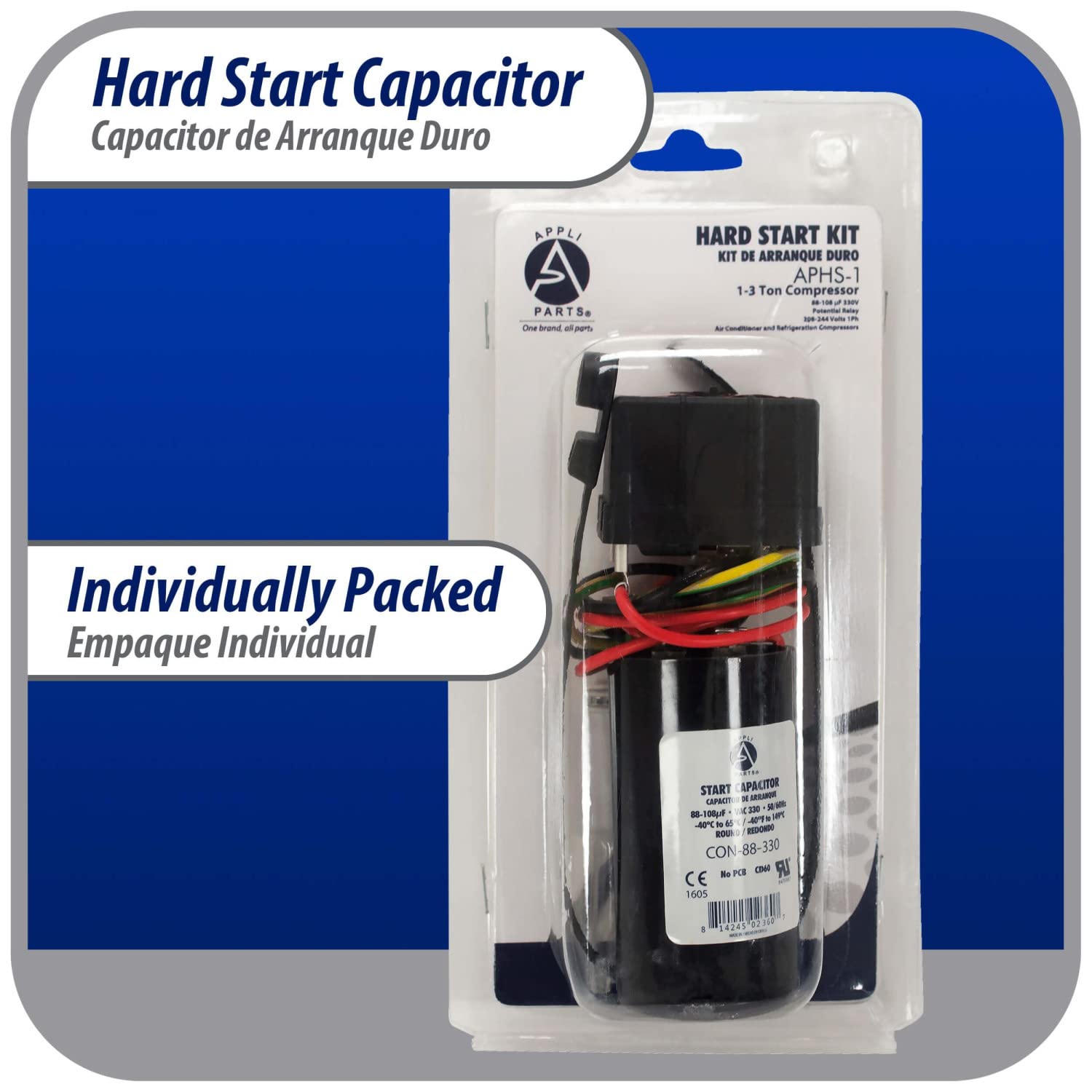 Appli Parts Hard Start kit for air conditioner includes Capacitor 88-108MFD 330V and Potential Relay for 1-3 Ton air Conditioner scroll and reciprocating compressors 208-244 Volts 1Ph APHS-1