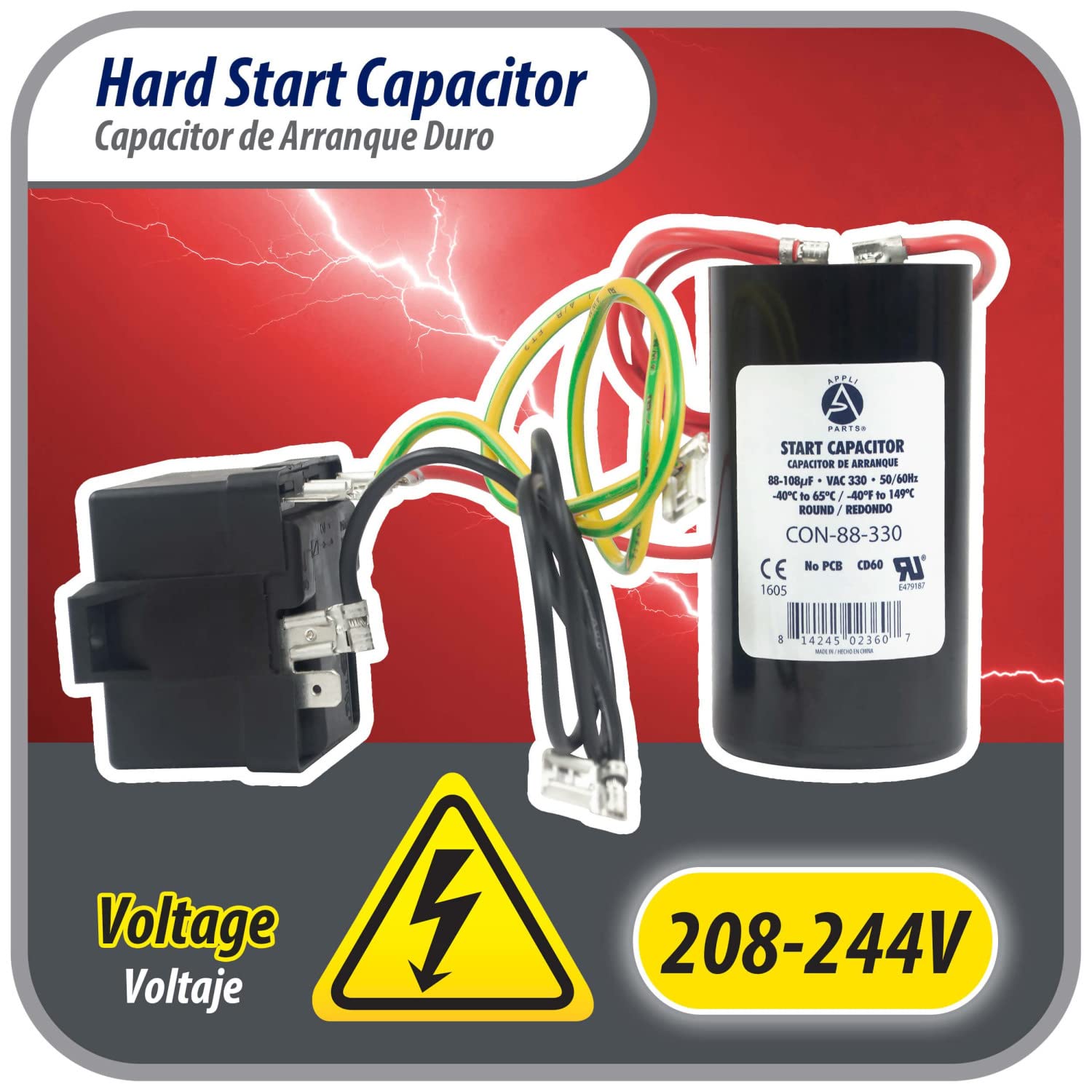 Appli Parts Hard Start kit for air conditioner includes Capacitor 88-108MFD 330V and Potential Relay for 1-3 Ton air Conditioner scroll and reciprocating compressors 208-244 Volts 1Ph APHS-1