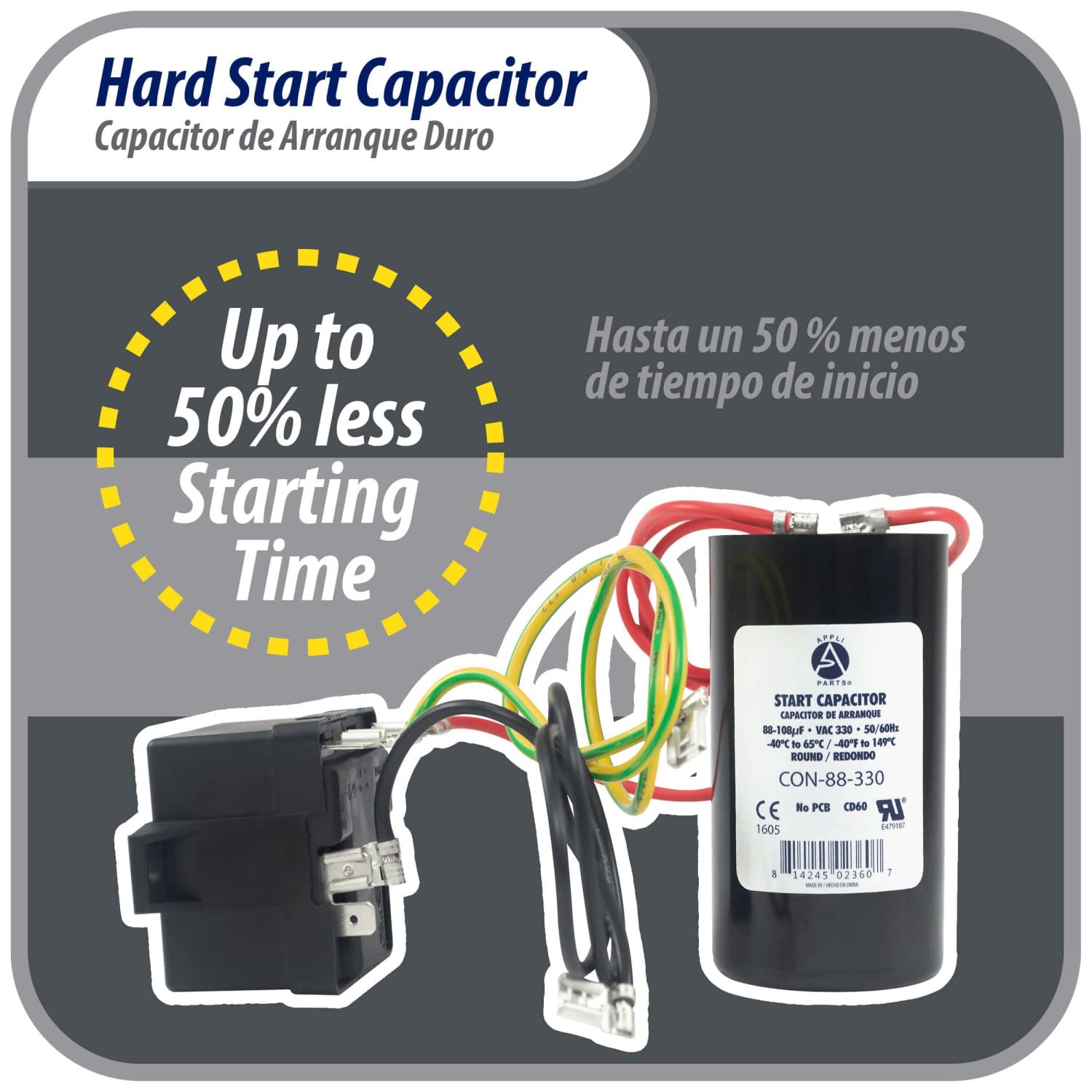 Appli Parts Hard Start kit for air conditioner includes Capacitor 88-108MFD 330V and Potential Relay for 1-3 Ton air Conditioner scroll and reciprocating compressors 208-244 Volts 1Ph APHS-1