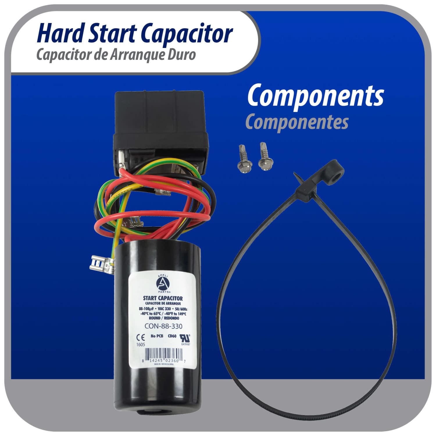 Appli Parts Hard Start kit for air conditioner includes Capacitor 88-108MFD 330V and Potential Relay for 1-3 Ton air Conditioner scroll and reciprocating compressors 208-244 Volts 1Ph APHS-1