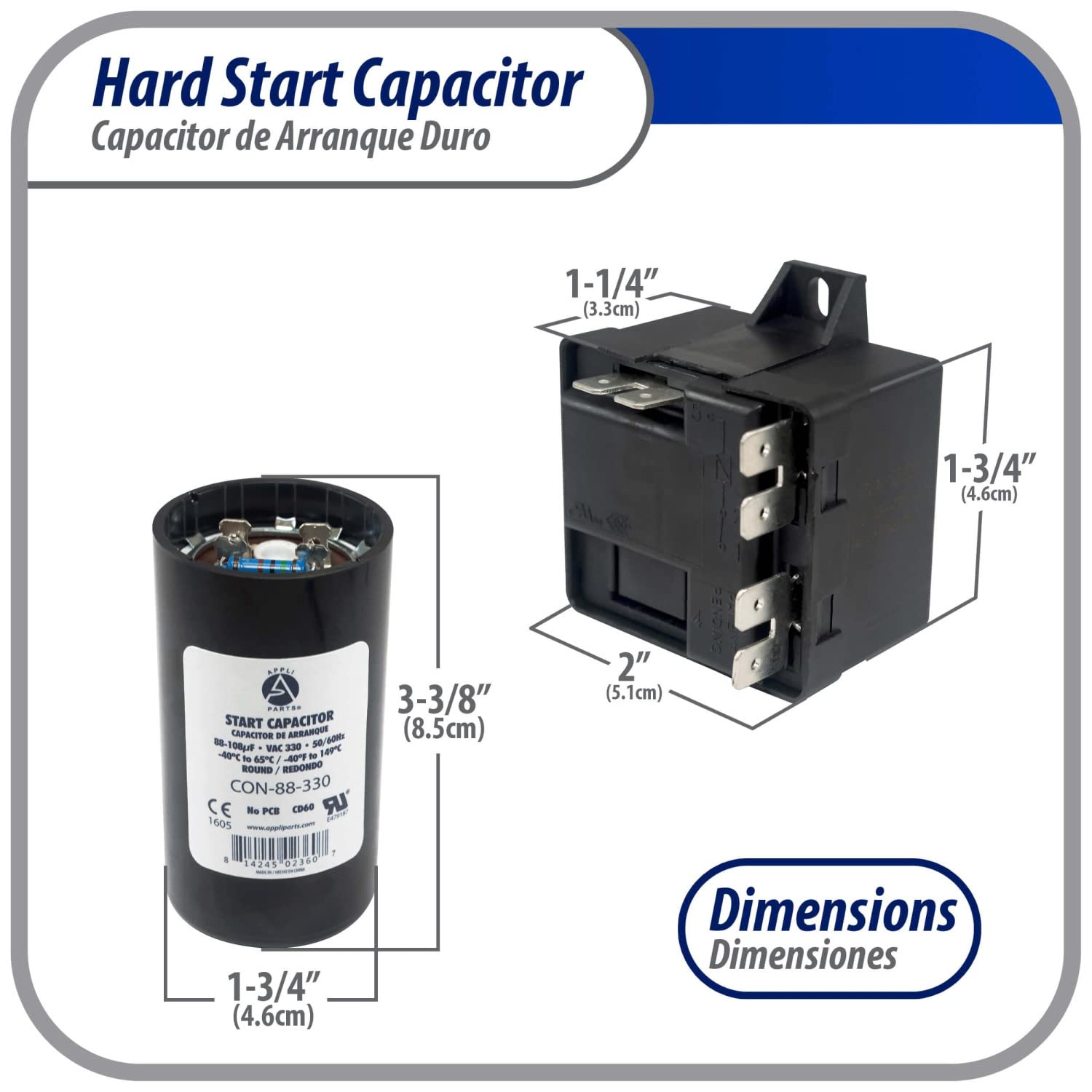 Appli Parts Hard Start kit for air conditioner includes Capacitor 88-108MFD 330V and Potential Relay for 1-3 Ton air Conditioner scroll and reciprocating compressors 208-244 Volts 1Ph APHS-1