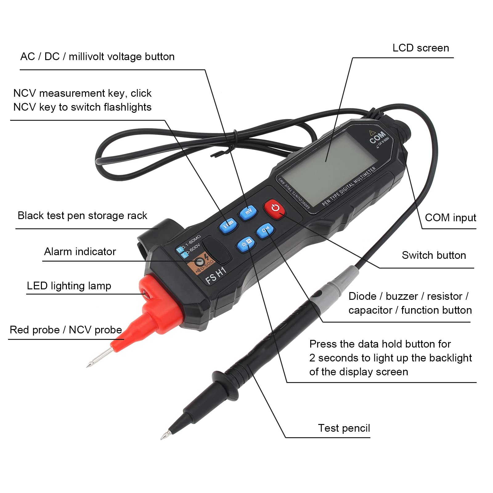 Smgda Digital Multimeter Pen Type Non Contact NCV AC/DC Voltage Electrical Tester Voltmeter Ohmmeter Ohm Resistance, Diode Test, Continuity Alarm, Live/Null Line Meter with LCD Backlit and Flashlight