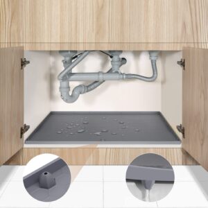 aechy under sink mats for kitchen waterproof, 28" x 22" under sink tray, under kitchen sink mat with unique drain hole, waterproof & flexible under sink liner for kitchen and bathroom gray