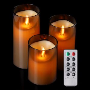 dalang flickering flameless led candles with remote control and timer, ideal for halloween, christmas,party and home decor,gifts for wife,mother,friend,(grey 3" dx4 5" 6" h,) set of 3