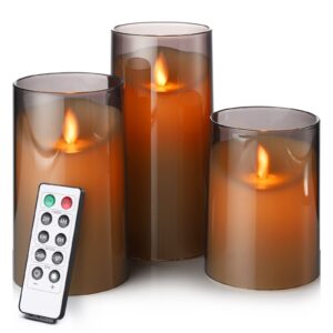 DALANG Flickering Flameless LED Candles with Remote Control and Timer, Ideal for Halloween, Christmas,Party and Home Decor,Gifts for Wife,Mother,Friend,(Grey 3" Dx4 5" 6" H,) Set of 3