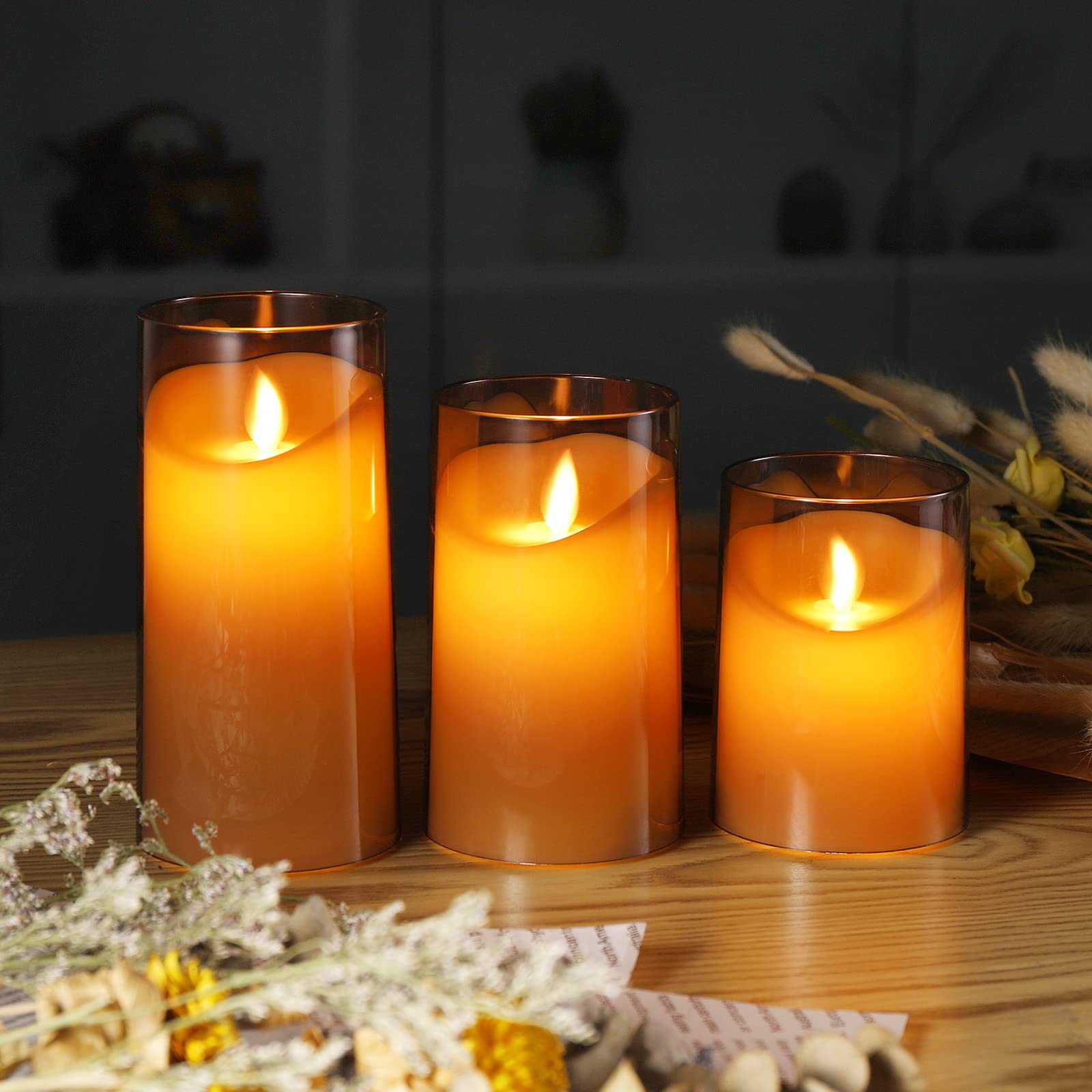 DALANG Flickering Flameless LED Candles with Remote Control and Timer, Ideal for Halloween, Christmas,Party and Home Decor,Gifts for Wife,Mother,Friend,(Grey 3" Dx4 5" 6" H,) Set of 3