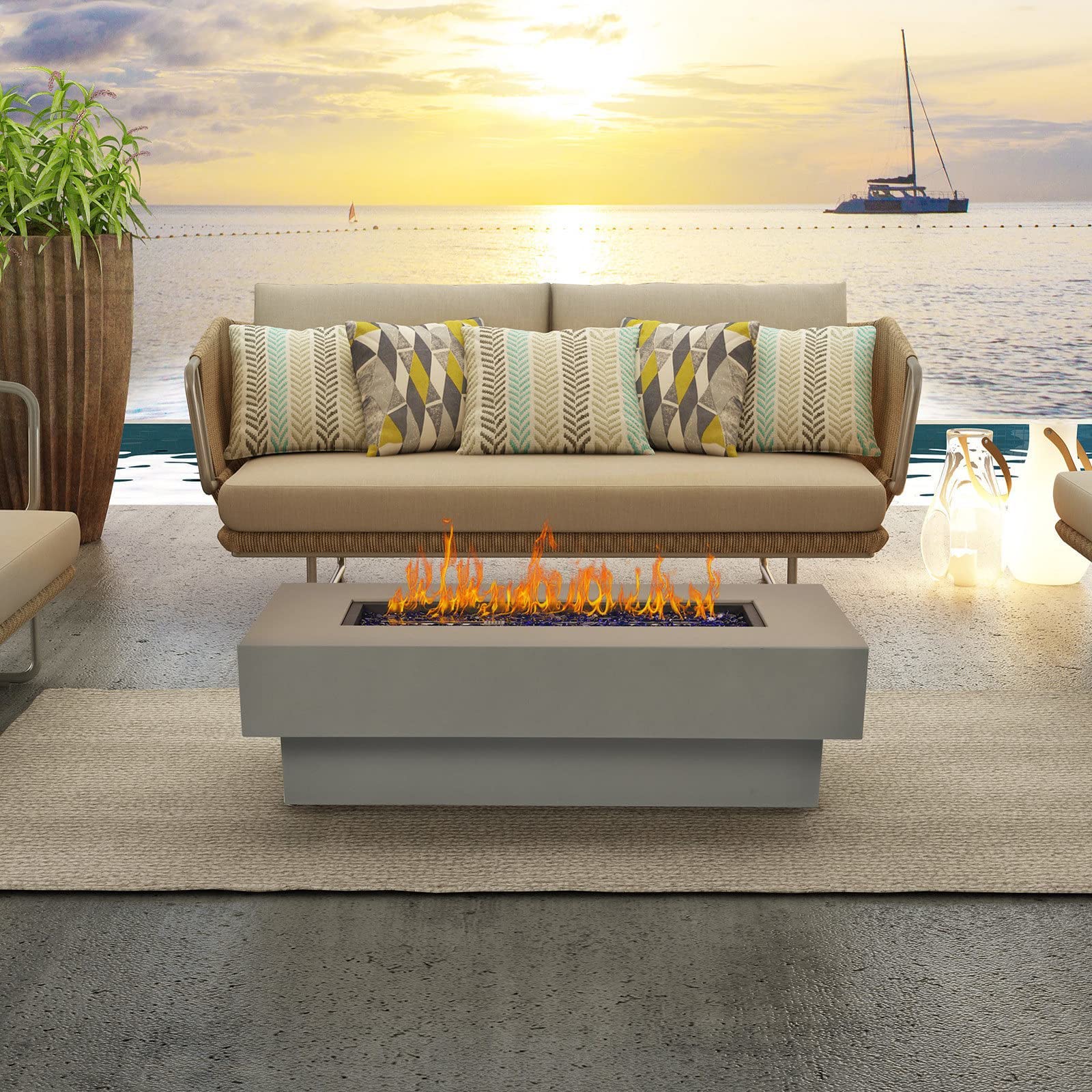 BAIDE HOME Outdoor Low Profile Fire Table, 48-inch Rectangle Propane Gas Fire Pit Table, 50,000 BTU Modern Firepit w/Lid, Fire Glass, Cover, Pre-Attached 10ft Propane Hose, Flint Gray