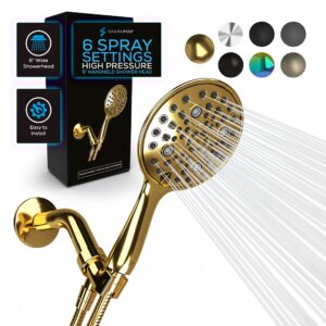 sparkpod 6 spray setting high pressure hand held shower head - 6" wide angle handheld shower head set with brass swivel ball bracket and 70 inch long hose - luxury design (egyptian gold)