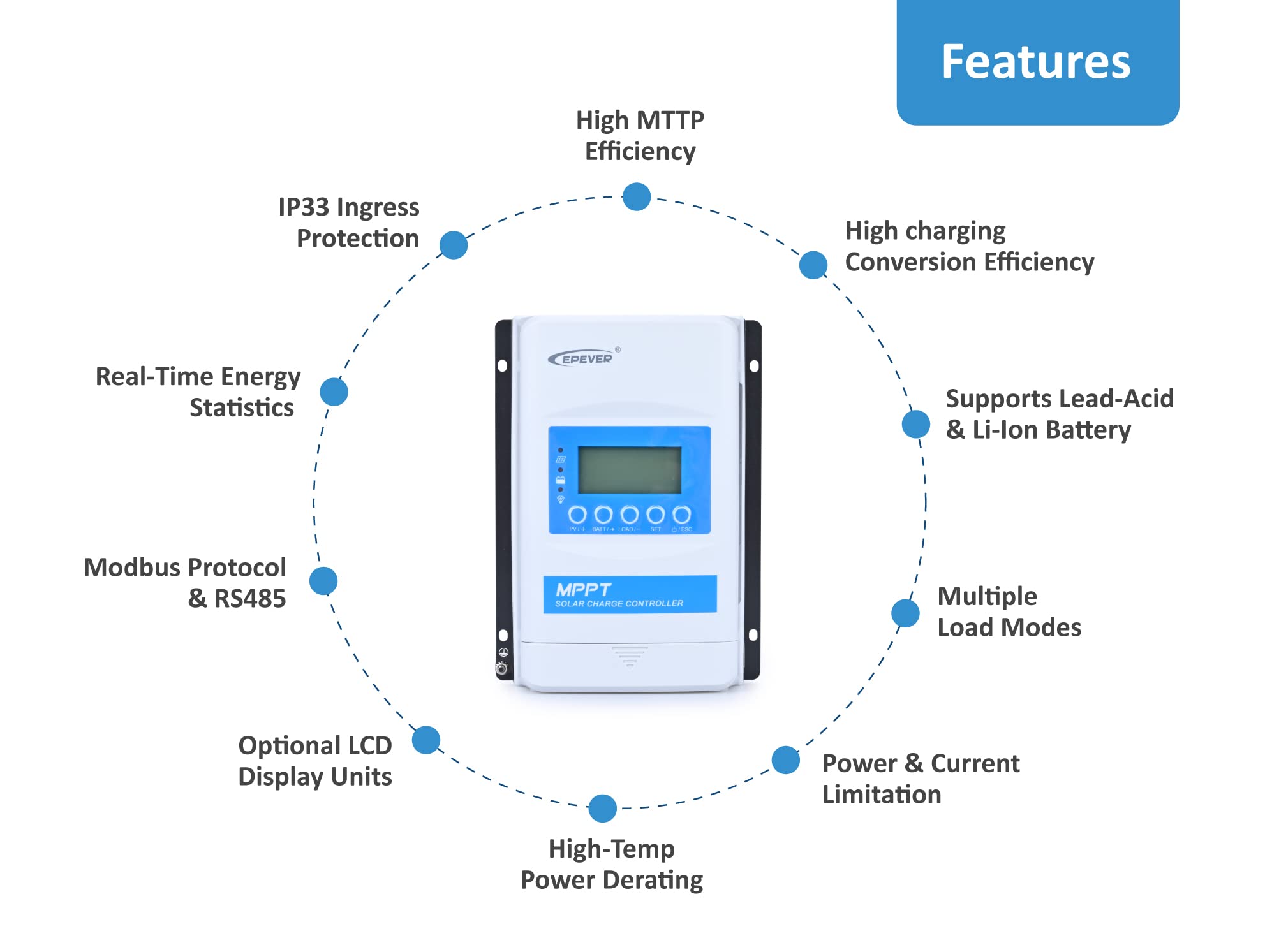 EPEVER XTRA2210N Series MPPT Solar Charge Controller, 20A Max Charge/Discharge, High-Efficiency Energy Conversion, Ideal for Off-Grid PV Systems