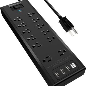 Power Strip, Narken Surge Protector with 12 Outlets and 4 USB Ports (1 USB C Outlet), 6 Feet Extension Cord (1875W/15A), 4360 Joules, ETL Listed, Black 1
