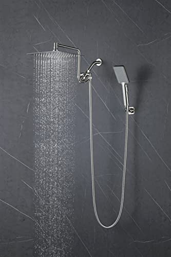 10" Rainfall Shower Head with Handheld Combo High Pressure, Upgrade 12" Extension Arm Height Adjustable, Powerful Stainless Steel Shower Head Brass Shower Holder Extra Long Shower Hose, Brushed Nickel