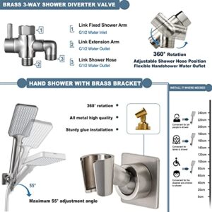 10" Rainfall Shower Head with Handheld Combo High Pressure, Upgrade 12" Extension Arm Height Adjustable, Powerful Stainless Steel Shower Head Brass Shower Holder Extra Long Shower Hose, Brushed Nickel