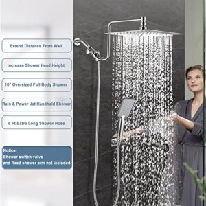 10" Rainfall Shower Head with Handheld Combo High Pressure, Upgrade 12" Extension Arm Height Adjustable, Powerful Stainless Steel Shower Head Brass Shower Holder Extra Long Shower Hose, Brushed Nickel