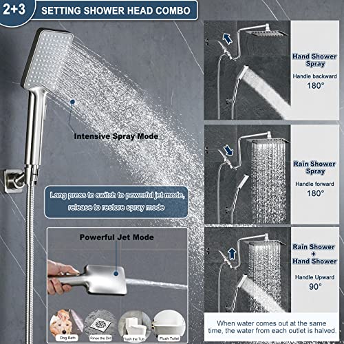 10" Rainfall Shower Head with Handheld Combo High Pressure, Upgrade 12" Extension Arm Height Adjustable, Powerful Stainless Steel Shower Head Brass Shower Holder Extra Long Shower Hose, Brushed Nickel