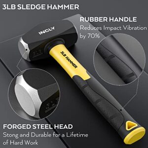 INCLY 4 PCS Geology Rock Pick Equipment Kit, 3lb Sledge Hammer 12" Mason Concrete Flat Chisel, Safety Glasses, Gloves, Tool Set for Hounding,Gold Mining & Prospecting, Brick Stone Breaking