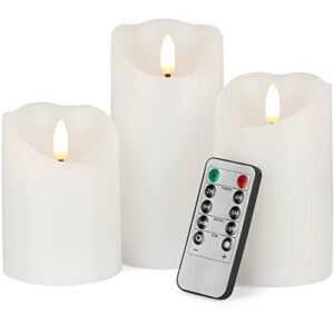 lusharbor flameless candles, battery operated real wax led flickering candles with 10key remote control and timers, fake electronic candle for christmas party room home decor, set of 3(white)