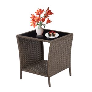 elepude outdoor side table wicker rattan side tables, end table for patio with glass top rattan storage for patio courtyard balcony