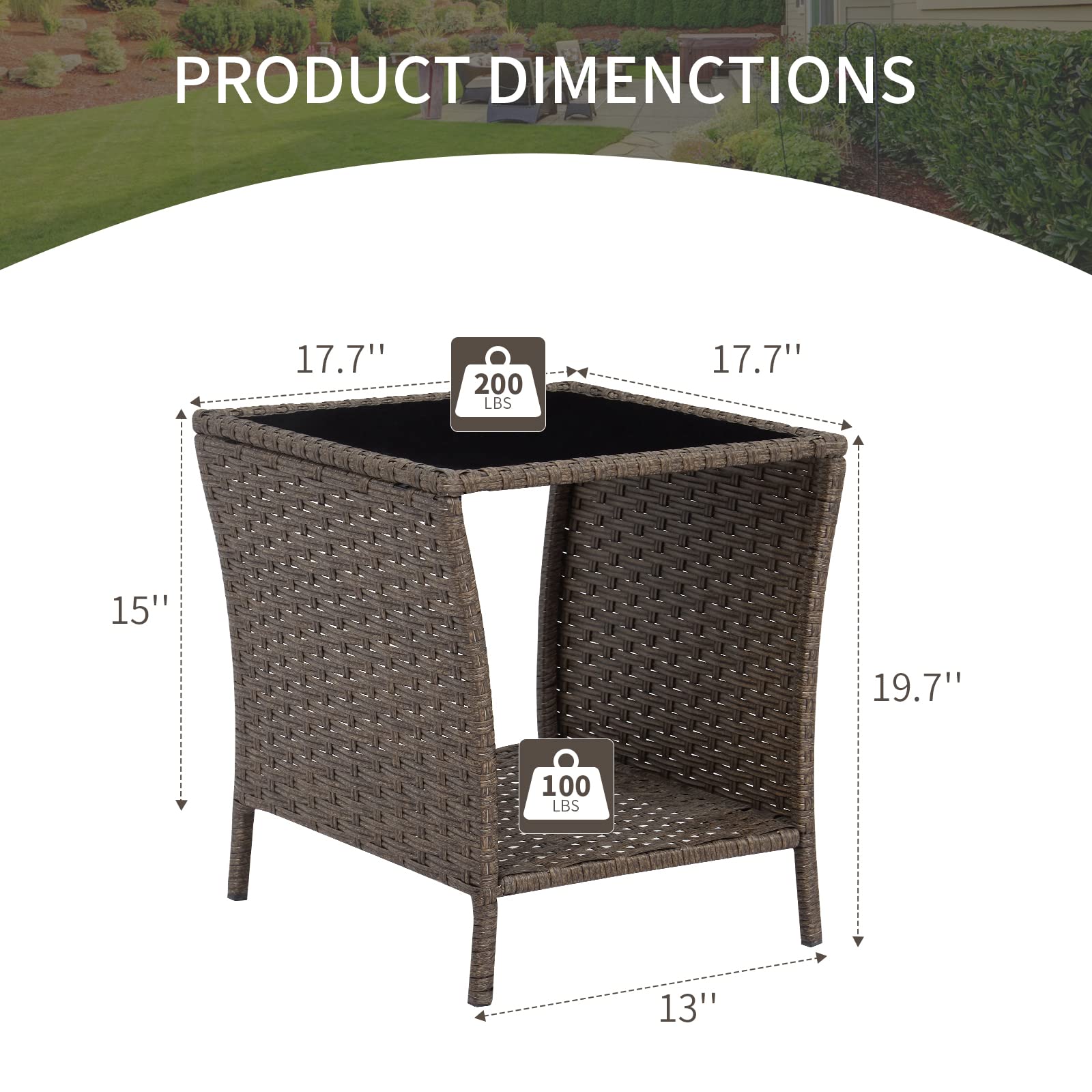 Elepude Outdoor Side Table Wicker Rattan Side Tables, End Table for Patio with Glass Top Rattan Storage for Patio Courtyard Balcony