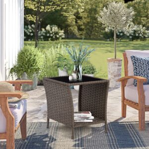 Elepude Outdoor Side Table Wicker Rattan Side Tables, End Table for Patio with Glass Top Rattan Storage for Patio Courtyard Balcony