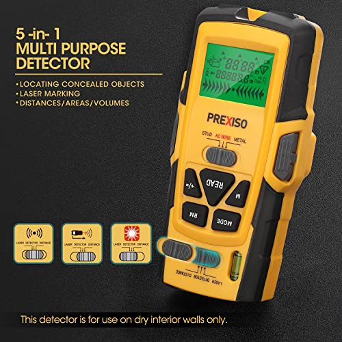 PREXISO 5-in-1 Stud Finder with Laser Level Marking & Ultrasound Distance Measure | Wood, AC Wire Detector - Wall Scanner Beam Finders