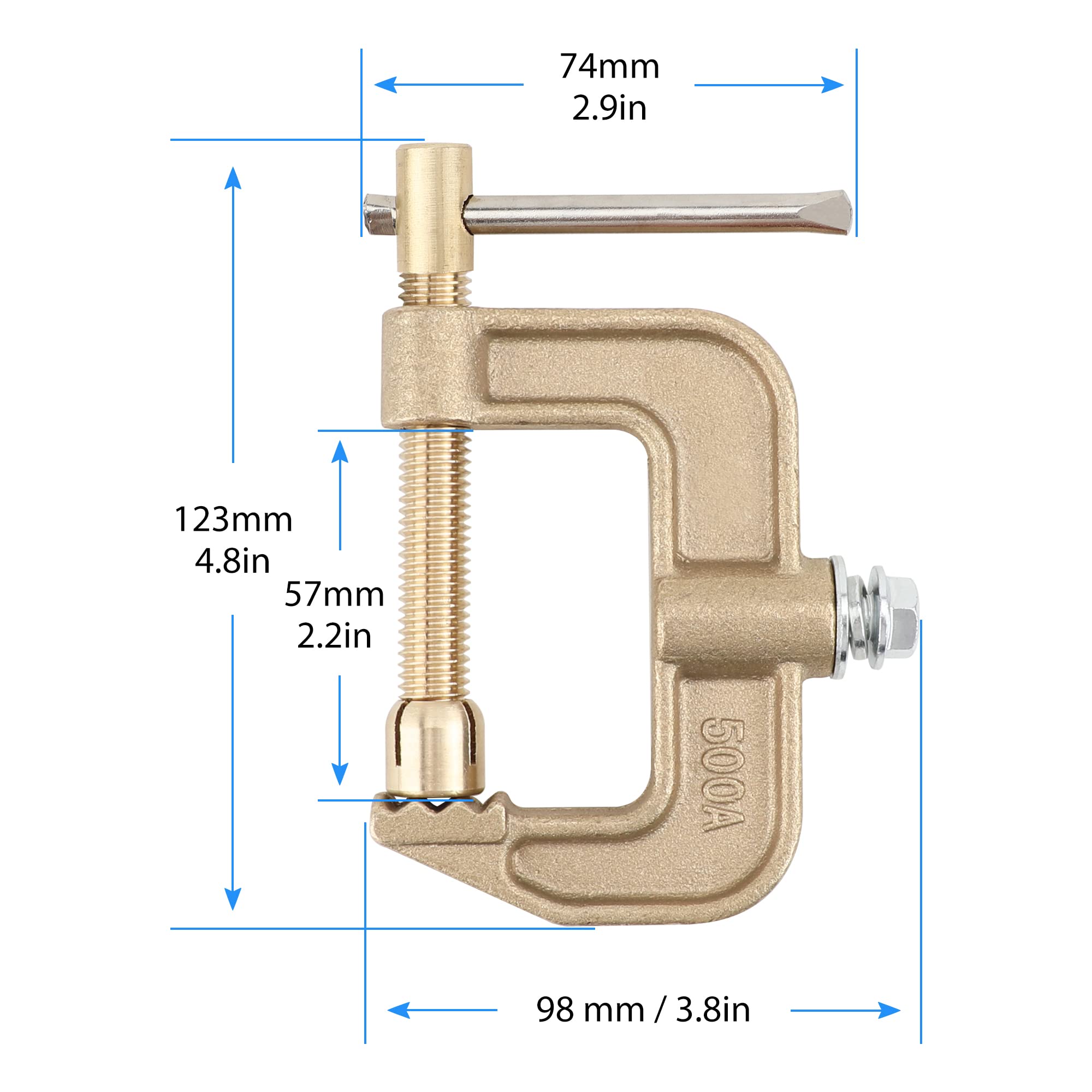 hynade Welding Ground Clamp 500A G Shape Brass Ground Earth Clamp for Tig Mig MMA Welder, Clamping Range up to 43mm