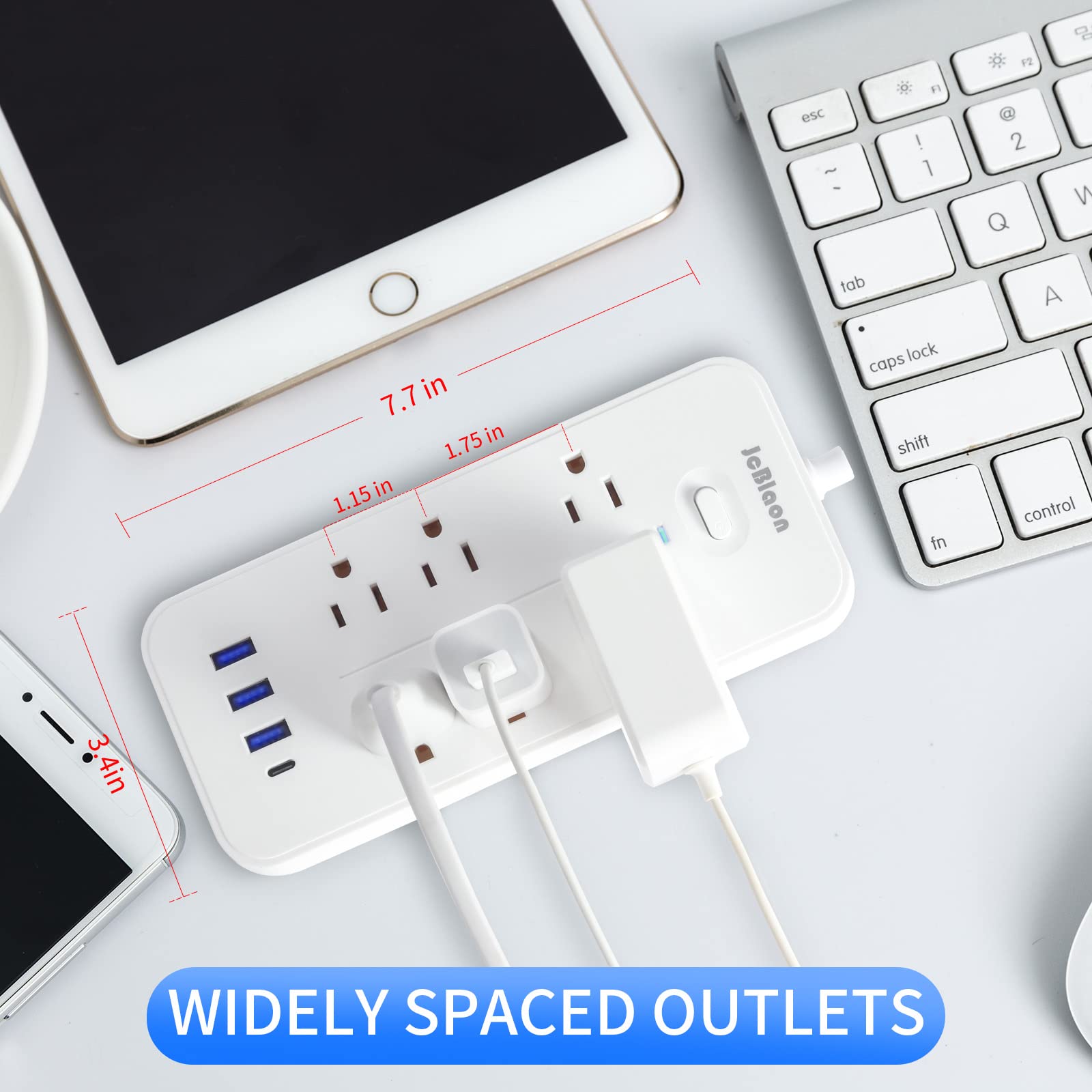 Power Strip with USB Ports, Surge Protector Outlets Extender with 6 Widely-Spaced Outlets and 4 USB(1 USB C), Wall Mount Flat Plug Extension Cord 6ft for Home, Office and Dorm, White