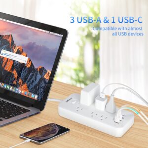 Power Strip with USB Ports, Surge Protector Outlets Extender with 6 Widely-Spaced Outlets and 4 USB(1 USB C), Wall Mount Flat Plug Extension Cord 6ft for Home, Office and Dorm, White