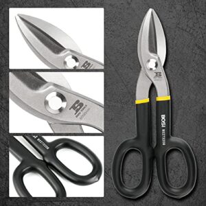 B BOSI TOOLS 8 Inch Straight Pattern Tin Snips Metal Cutters, High Strength Forged and Heat Treated Carbon Steel with Comfortable Black Rubber Handle