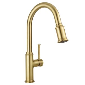 brushed gold kitchen faucet with pull down sprayer, lava odoro single handle gold kitchen sink faucet, brushed brass faucet for kitchen sink 1 hole and 3 hole, deck plate included, kf421-sg
