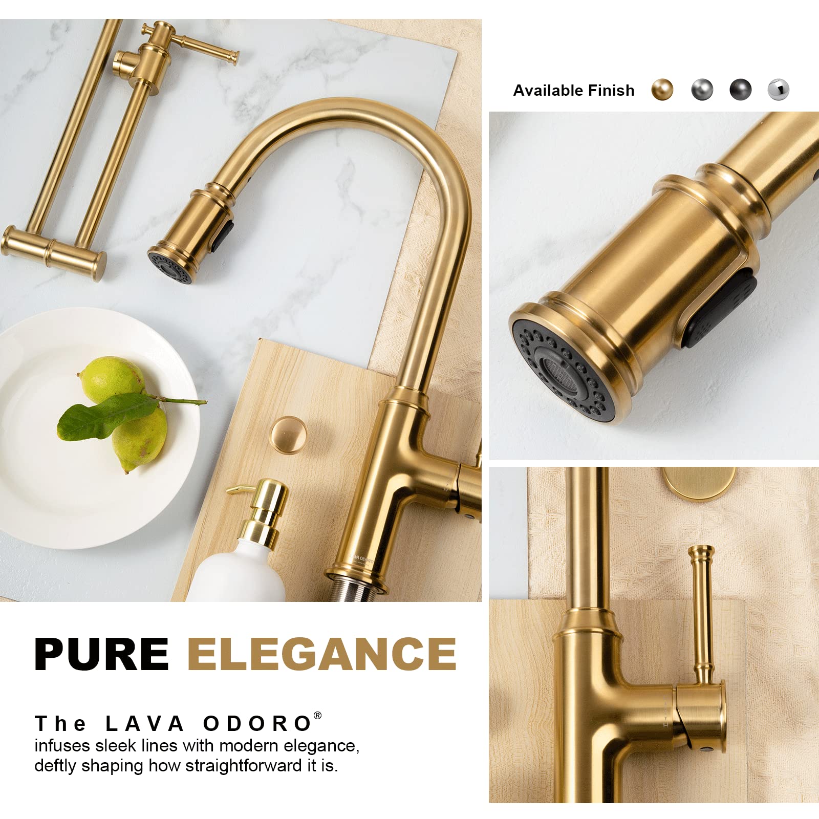 Brushed Gold Kitchen Faucet with Pull Down Sprayer, Lava Odoro Single Handle Gold Kitchen Sink Faucet, Brushed Brass Faucet for Kitchen Sink 1 Hole and 3 Hole, Deck Plate Included, KF421-SG