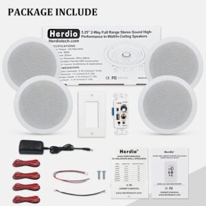 Herdio 5.25 Inch Bluetooth Ceiling Speakers Max Power 600W 2-Way Flush Mount Plus Wall Mount Amplifier Receiver Perfect for Home Theater Bathroom Living Room Kitchen Office(4 Speakers)