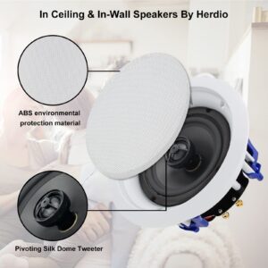 Herdio 5.25 Inch Bluetooth Ceiling Speakers Max Power 600W 2-Way Flush Mount Plus Wall Mount Amplifier Receiver Perfect for Home Theater Bathroom Living Room Kitchen Office(4 Speakers)