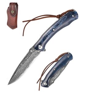 fxfsteel damascus pocket knife, handmade vg10 damascus steel folding knives with liner lock, beef bone handle and glass breaker, edc damascus knife for men women -blue