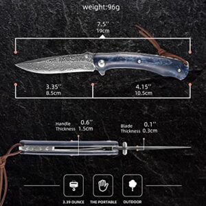 FXFSTEEL Damascus Pocket Knife, Handmade VG10 Damascus Steel Folding Knives with Liner Lock, Beef Bone Handle and Glass Breaker, EDC Damascus Knife for Men Women -Blue