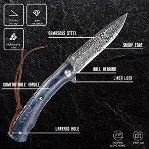 FXFSTEEL Damascus Pocket Knife, Handmade VG10 Damascus Steel Folding Knives with Liner Lock, Beef Bone Handle and Glass Breaker, EDC Damascus Knife for Men Women -Blue